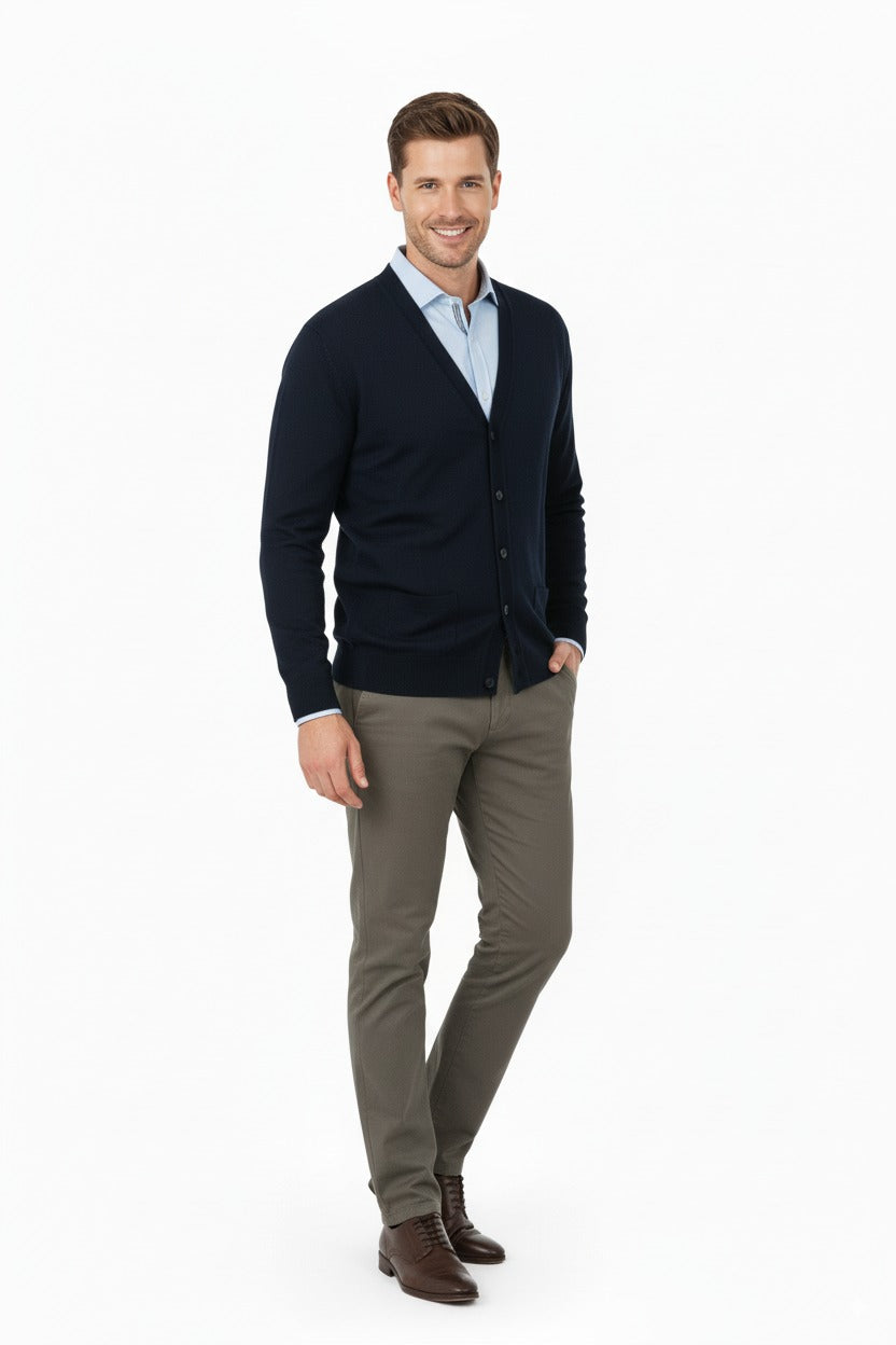 Erkek V Yakalı Düğmeli Cepli Klasik Model Rahat Kesim Tam Kalıp Yünlü Dokuma Hırka